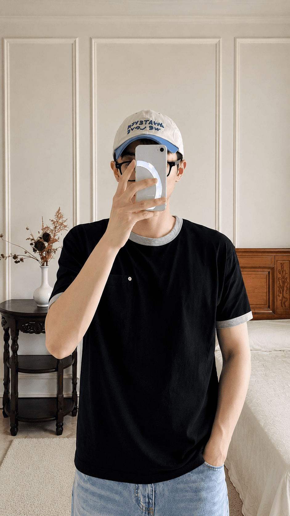 正韓黑色簡約質感撞色短袖滾邊T恤