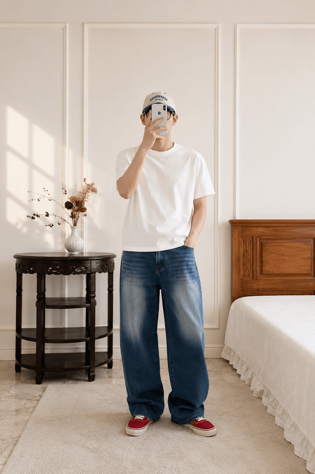 寬版卡其長褲的完整版型與比例 — Full silhouette and proportion of the wide-leg khaki trousers